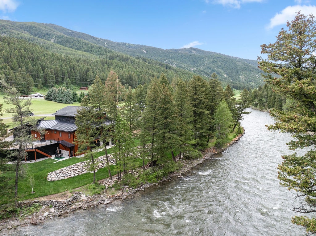 Aerial view of Gallatin River property with mountains